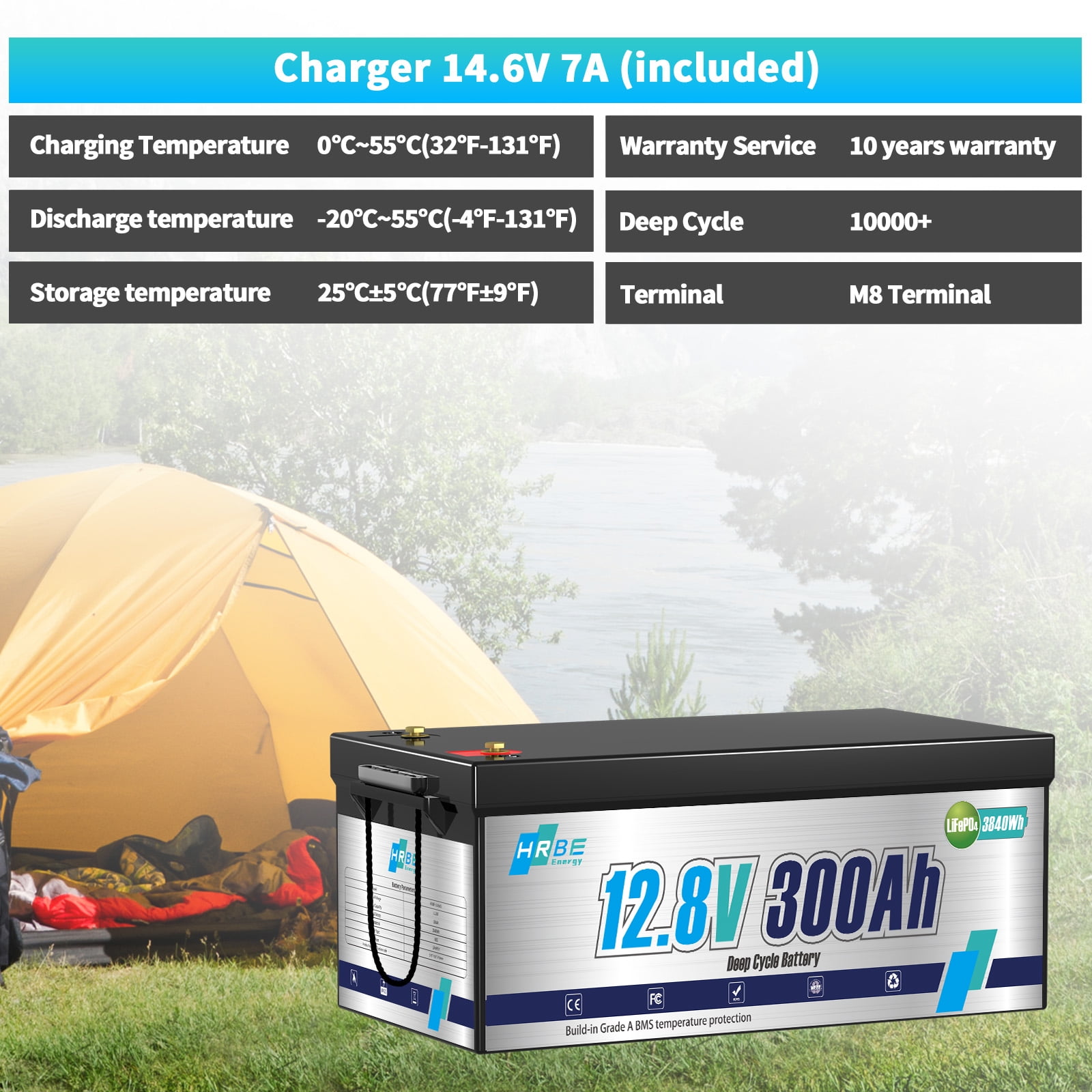 12V 300Ah LiFePO4 Lithium Battery,for RV,Marine,Solar,Trolling Motor,Boat,Camping,Built in 200A BMS,HRBEENERGY 15000+Deep Cycles