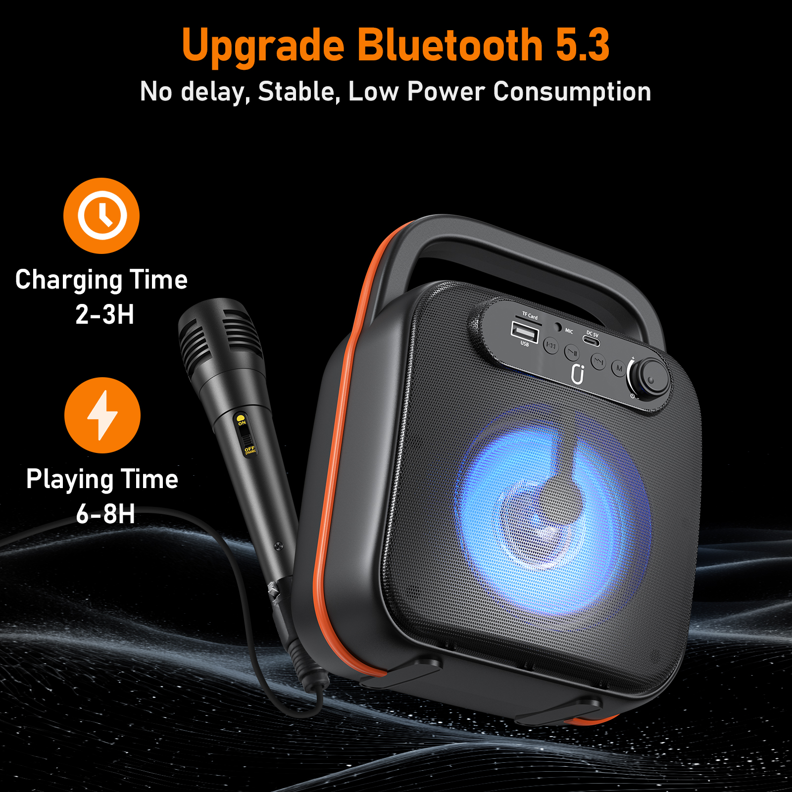 JYX Bluetooth Speaker, Portable Party Speaker with Wired Microphone, DJ Lights, Supports TF Card/ USB, 24H Palytime, D50