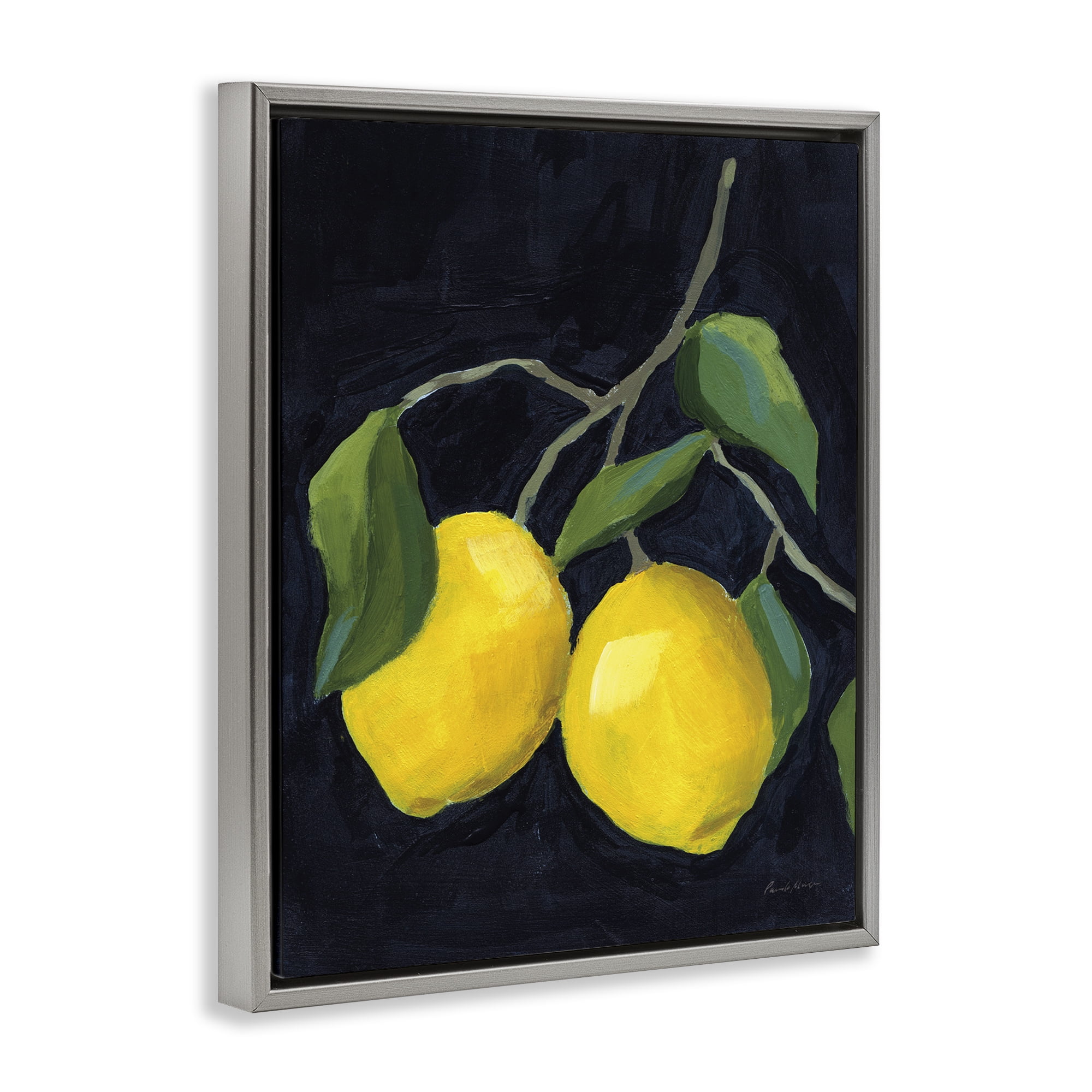 Stupell Industries Two Lemons on Black Food & Beverage Painting Gray Floater Framed Art Print Wall Art, 17 x 21