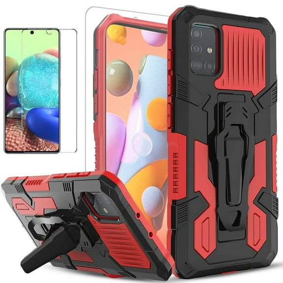 Galaxy A71 4G Case, Dual Layers [Combo Holster] And Built-In Kickstand Bundled with [Temerped Glass Screen Protector] Hybird Shockproof (Black)