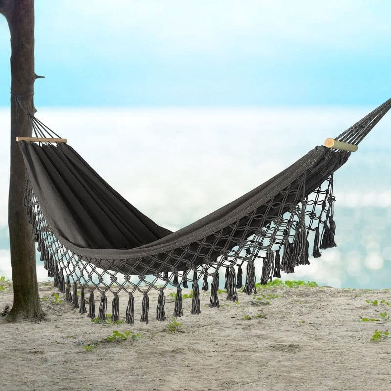 SHANNA Boho Hammock Camping Tassel Hammock for Patio, Yard, Beach Wedding Decor, Outdoor and Indoor, Hanging Hammock Swing,Gray