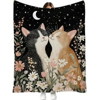 Cute Cat Throw Blanket Gifts for Girls Women Moon Night Flowers Throw Soft Flannel Blankets Cozy Plush Cat Lovers Girls Birthday Decorations Gifts Throw Blanket for Couch Bed Chair 50''x 60''