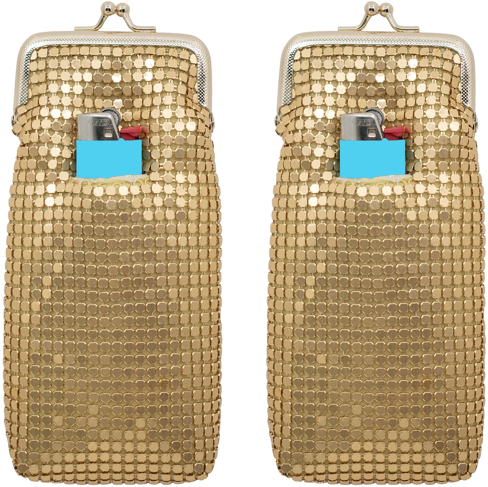 Set of 2 Vintage Soft Metallic Mesh Long Cigarette Case Purses With Lighter Pocket (4mm, Gold)