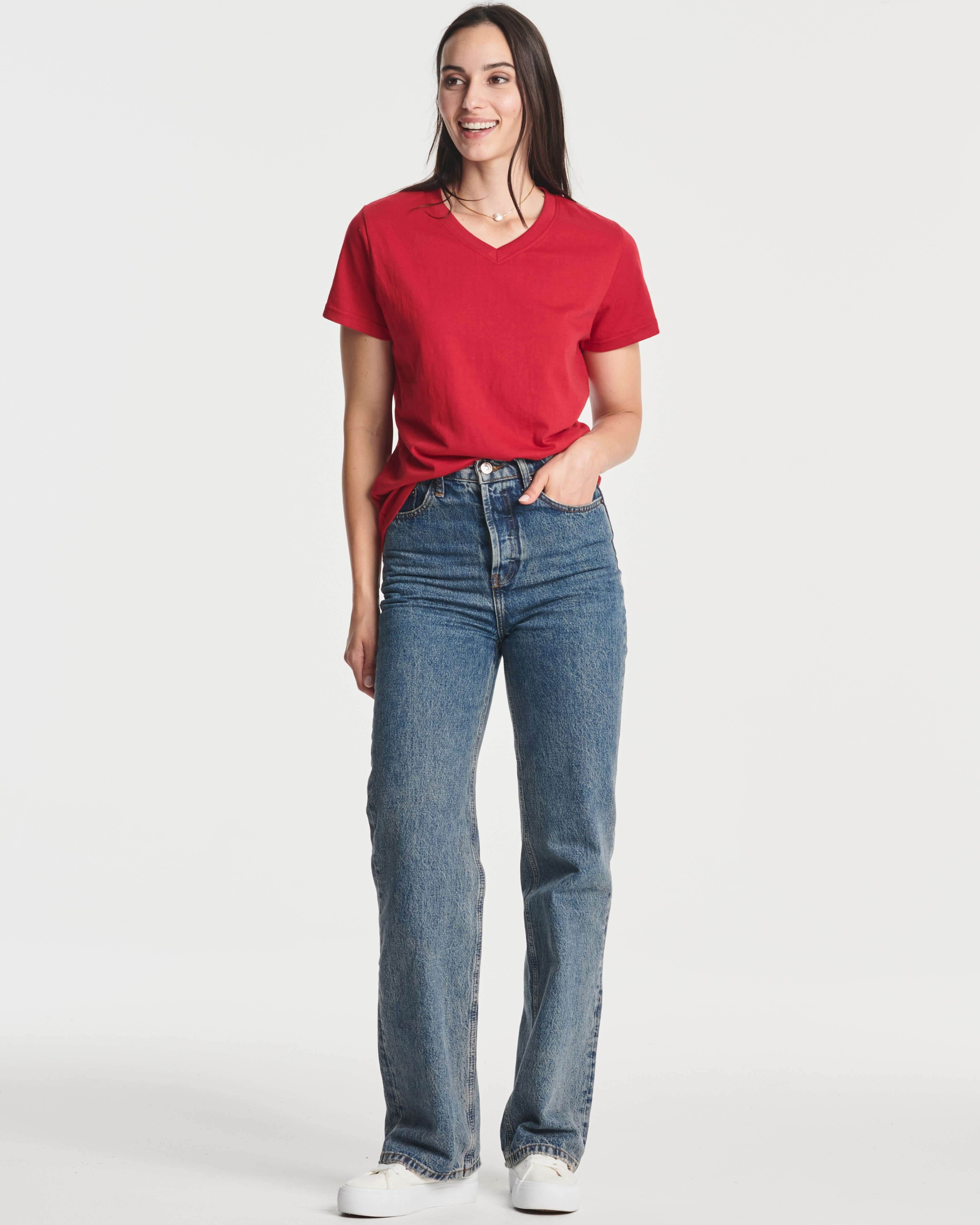 Real Essentials 4 Pack: Women's Classic-Fit Cotton Short-Sleeve V-Neck T-Shirt (Available in Plus Size)