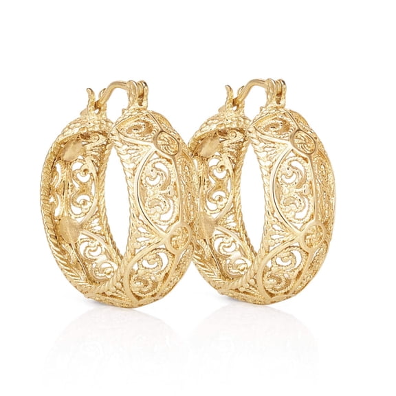 Turkish Bling Intricate Filigree Hoop Earrings in 18k Gold over Bronze
