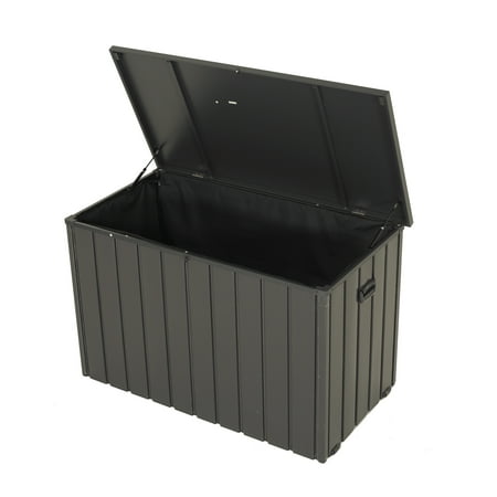 Outdoor Storage Box, 120 Gallon Metal Deck Box Built-in a Oxford Fabric Storage Bag, Lockable & Waterproof Outside Patio Storage Box for Cushions, Pillows, Tools, Pool Floats- Gray
