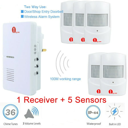 1byone Plug in 36 Chimes Wireless Home Security Driveway Alarm System Doorbell, 1 Plug-in Receiver & 5 PIR Motion Sensor Detector Weatherproof Patrol Infrared Alert System