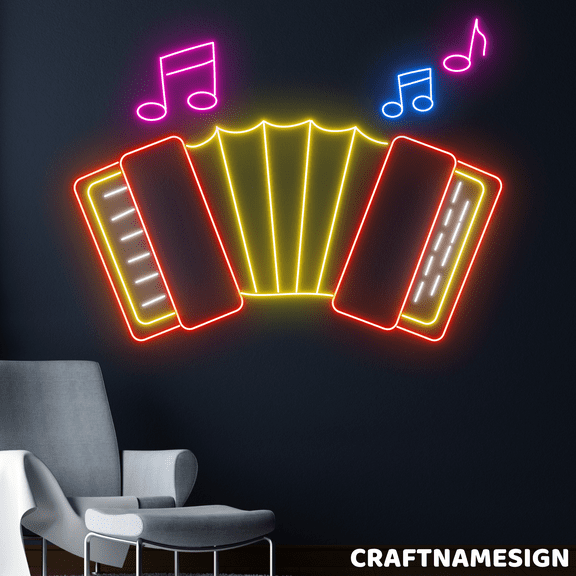 Craftnamesign Accordion Neon Sign, Music Room Wall Decor, Accordion Club Wall Art