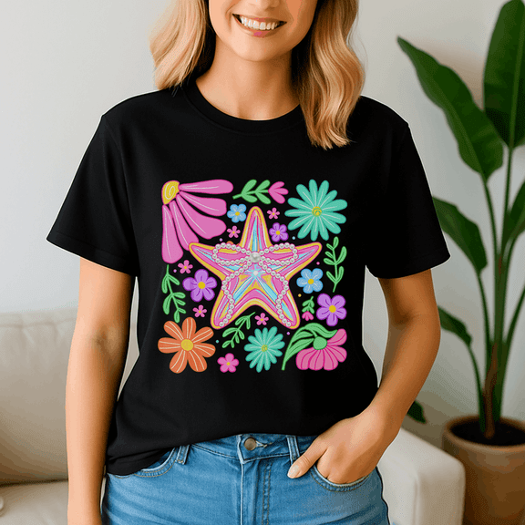 Coquette Bow Starfish Tropical Flowers Beach Summer Vacation Shirt,Preppy Summer Vibes ,Summer Beach Tshirt,Girls Trip,Summer Tee,Summer Vibes
