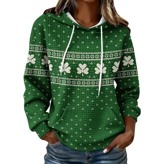 WRFWUL St Patricks Day Hoodie Women Fashion Shamrock Print Hoodies Long Sleeve Comfortable Casual Waffle Sweatshirt