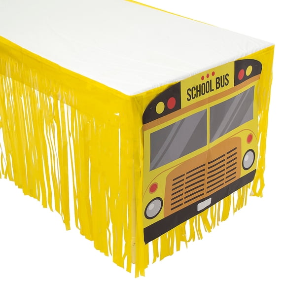 Fun Express 9 ft. x 29" School Bus Fringe Plastic Table Skirt with Cutouts