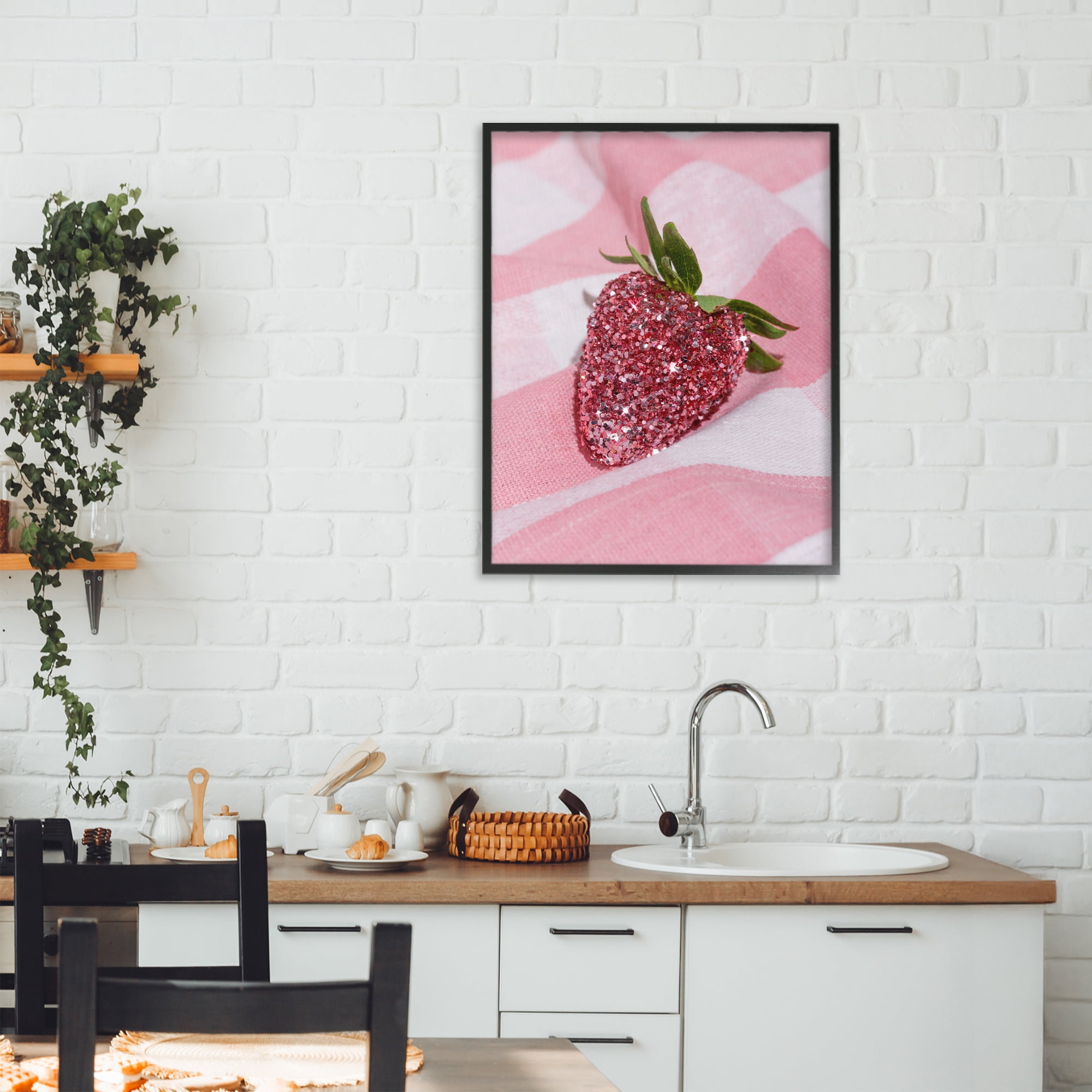 Stupell Industries Glimmer Strawberry on Pink Black Framed Giclee Art, design by LISH Creative