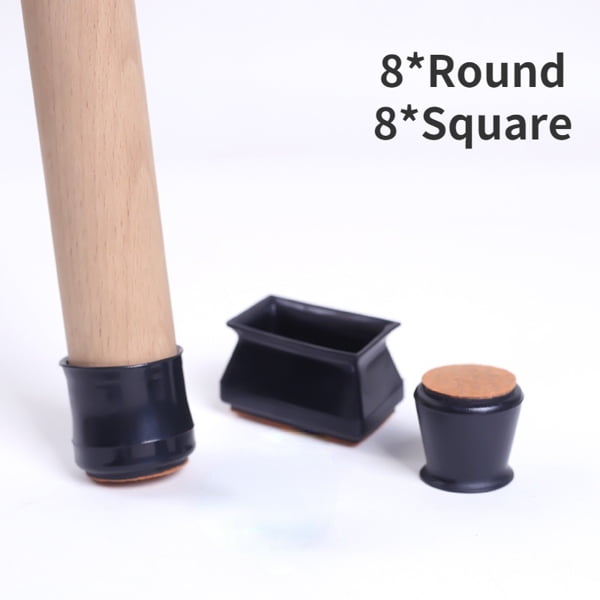 Fithood Chair Leg Floor Protector Square16PCS, Black Silicone Chair Legs Caps Protectors for Hardwood Floors with Anti-Slip Felt Pads 8* Round & 8* square