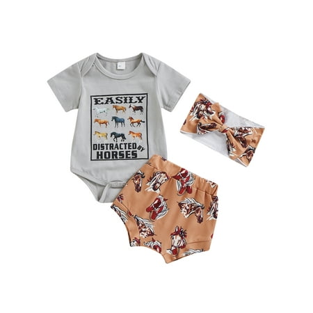 

Sunisery 3Pcs Toddler Baby Girls Shorts Sets Short Sleeve Animal Print Romper Elastic Waist Shorts with Hairband Gray Horse 12-18 Months