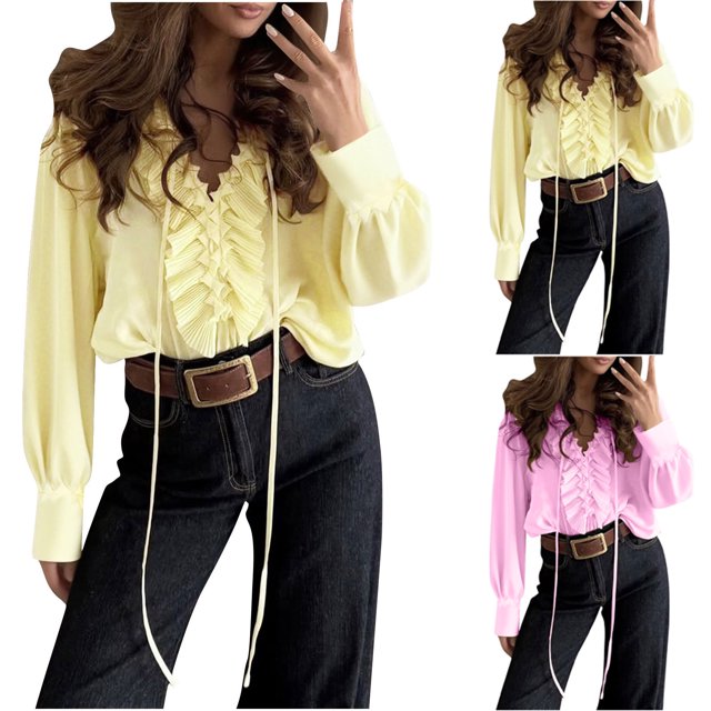 Tops bonitos para adolescentes,Blusa informal de manga larga con cuello en V para mujer, con cordones, poliéster, corte holgado para uso diario, sopatenor