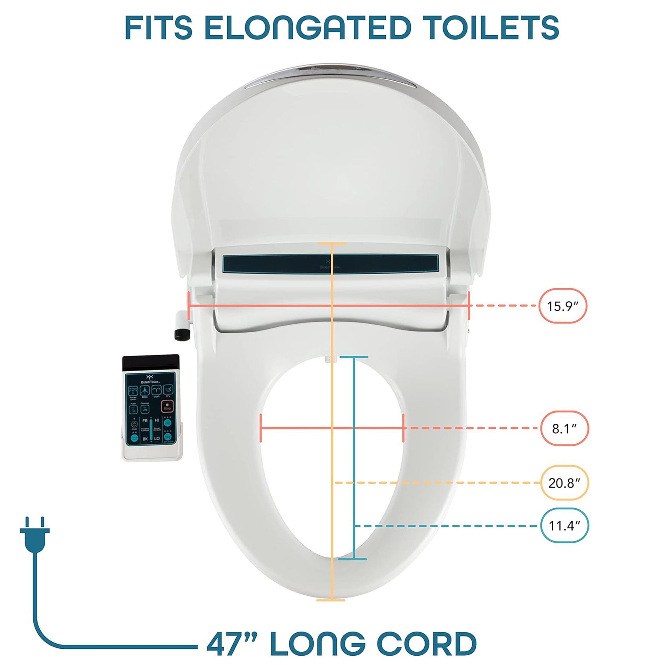 BidetMate 2000 Series Smart Heated Toilet Seat with Electric Bidet & Side Controls, with Remote, Elongated