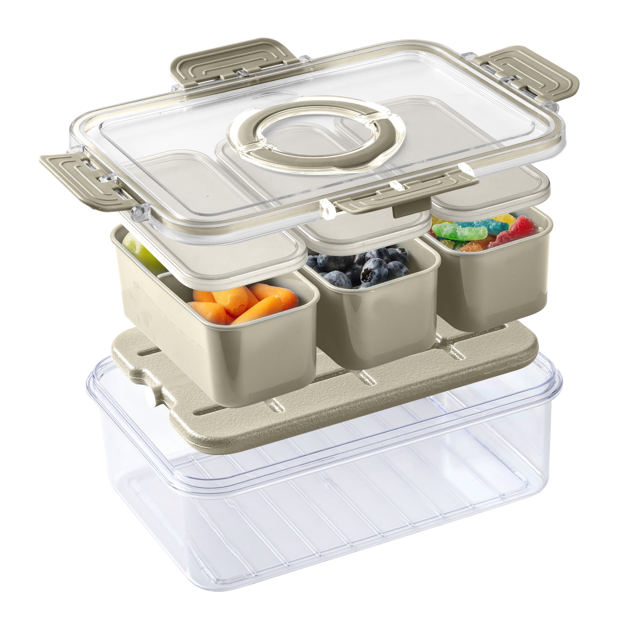 Cook with Color 3-Compartment Portable Snack Box Food Storage Container with Removable Ice Pack, Taupe