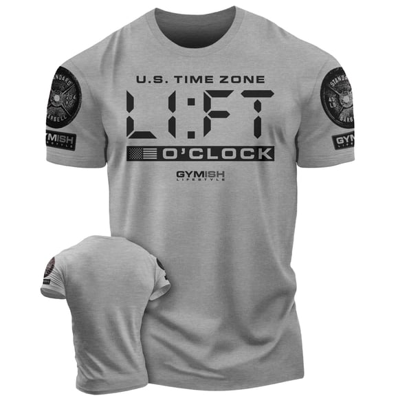 Gymish Lift-O'Clock Workout Shirt for Men – Funny Gym T-Shirt, Weightlifting Gift, Motivational Fitness Tee, Heather Grey with Sleeve Logo, Small