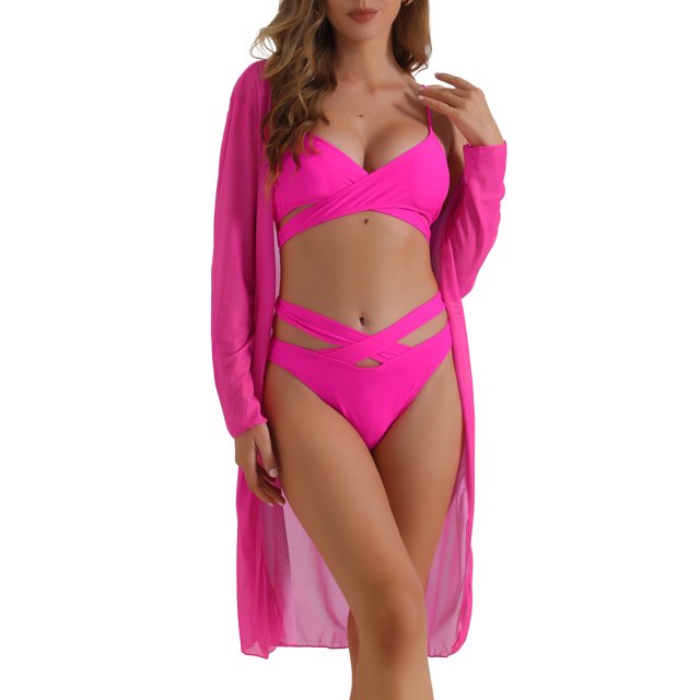 Conjuntos de bikini de tirantes cruzados ajustables para mujeres INSPIRE CHIC, 3 piezas de traje de baño con acentos transpirables, talla X-Large, rojo rosa
