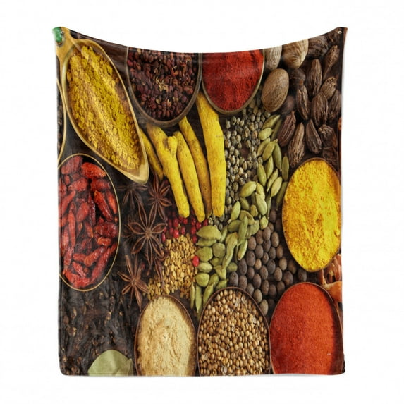 Spice Soft Flannel Fleece Throw Blanket, Top View Illustration of Traditional Herbs and Spices in Bowls Chili Seasonal, Cozy Plush for Indoor and Outdoor Use, 70" x 90", Multicolor, by Ambesonne