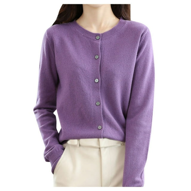 Cardigan en Tricot pour Femmes à Col Rond, Manches Longues, Couleur Unie, Veste pour l'Automne et le Printemps