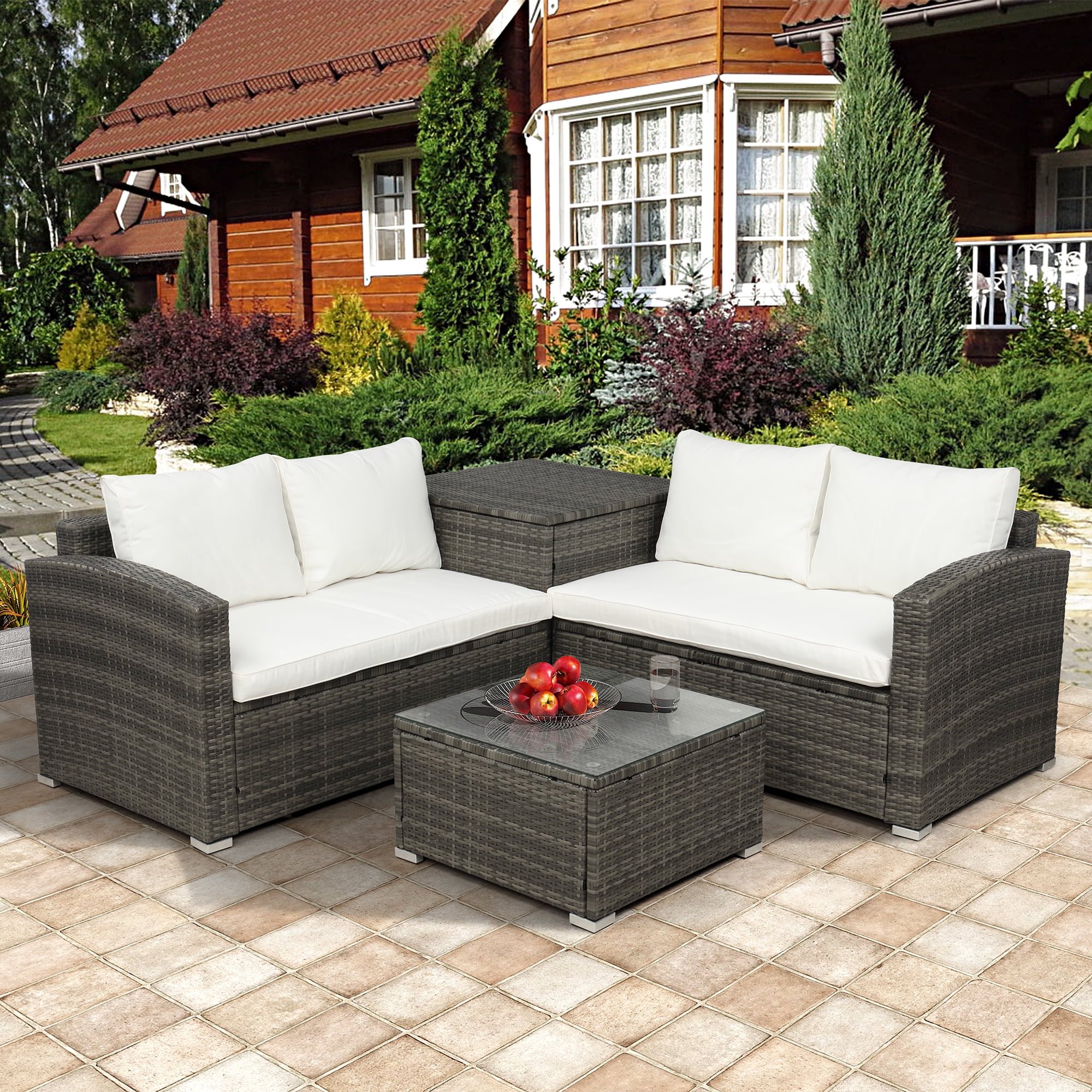 Matara Rattan Corner Sofa Dining Garden Furniture Set In Grey Cover