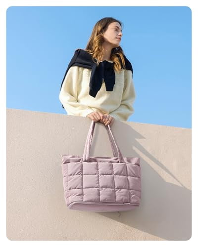 BAGSMART Expandable Tote Bag for Women, Puffer Small tote bag with Zipper, Travel Tote Bags Casual Handbags Nurse Bag, Purple