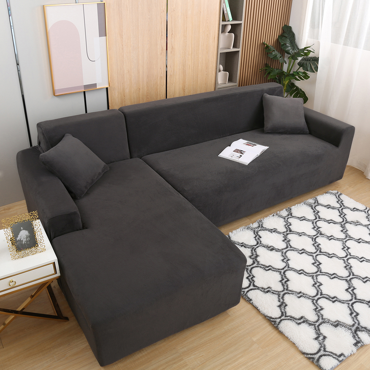 Eurhowing Sectional Couch Covers L-Shaped Sofa Covers, Velvet Super Stretch 2Pcs Sofa Slipcovers for 3 + 3 Seaters, Softness Corner Couch Cover, Dark Gray