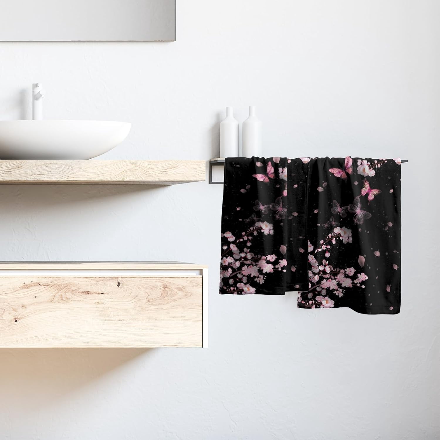 Pink Cherry Blossom Hand Towel - Abstract Butterflies Bath Face Towels Set of 2 Blossoming Sakura Flowers Branch Tea Towels Guest Towels Kitchen Dish Towel Decor