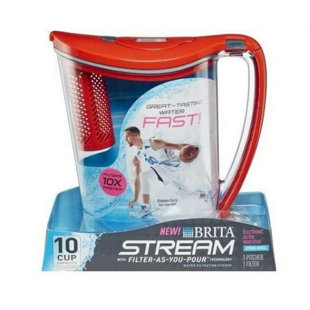 Brita Large 10 Cup Stream Filter as You Pour Water Pitcher with 1 Filter, Rapids, BPA Free, Chili Red (Pack of 2)