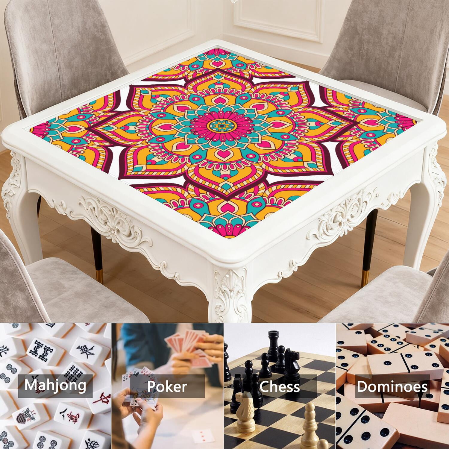 Mandala Mahjong Mat for Table, 31.5*31.5in Anti Slip American Mahjong Table Cloth, Noise Reduction, Neoprene Mah jongg Mat with Carrying Bag & 3 Dices, Mahjong Accessories Gift, Board Tile Games Mats