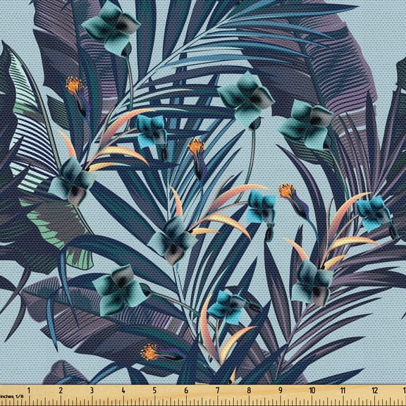 Ambesonne Nature Flowers Fabric by the Yard Upholstery, Tropic Leaves Plot, 5 Yards, Pale Seafoam Dark Teal