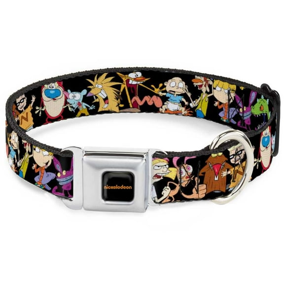 Nickelodeon Pet Collar, Dog Collar Metal Seatbelt Buckle, Nick 90s Character Poses Black, 9.5 to 13 Inches 1.0 Inch Wide