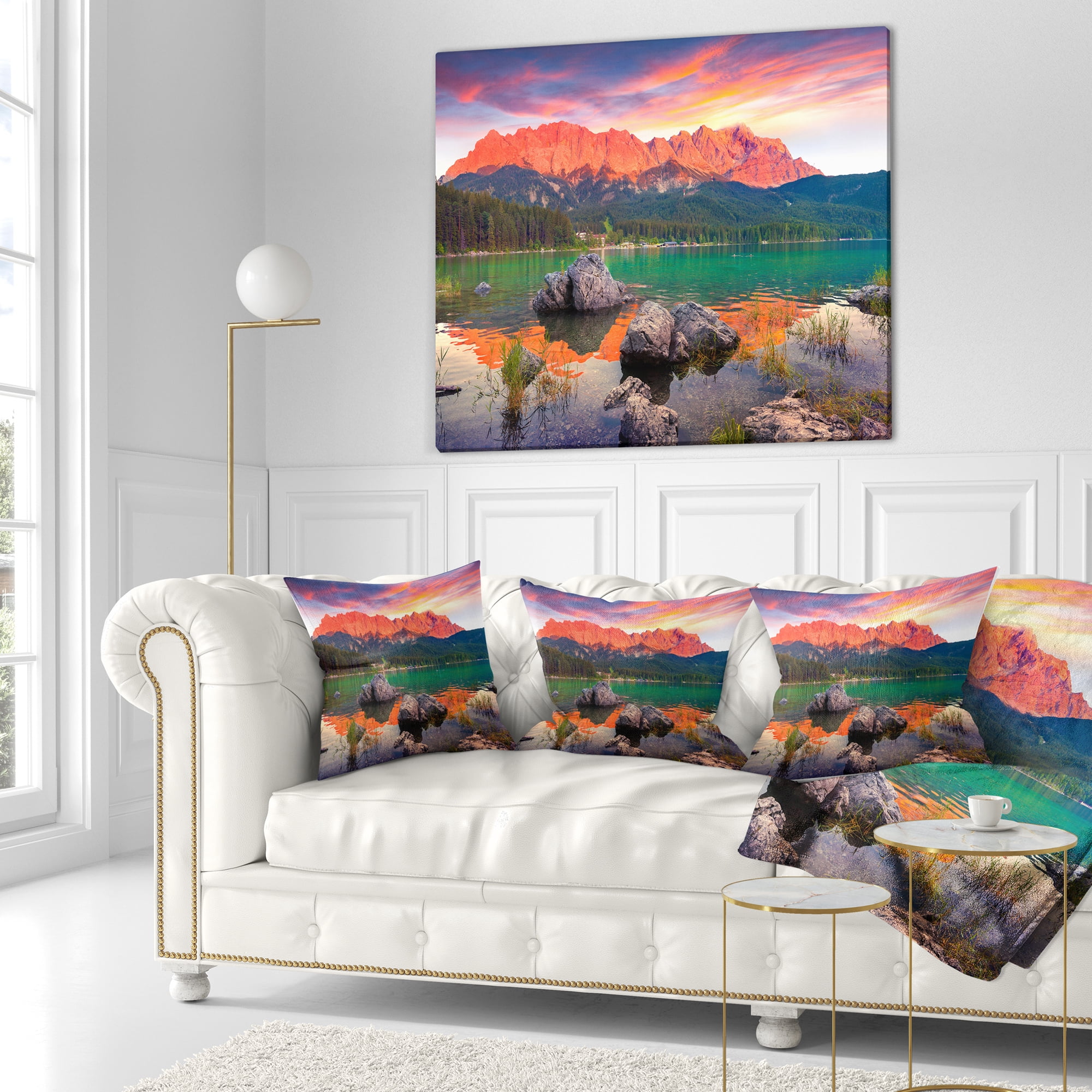 Designart Colorful Eibsee Lake Sunset - Landscape Photo Throw Pillow - 18x18