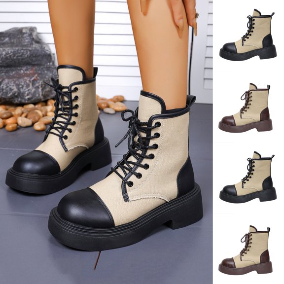 FRSASU Women's Fashion Casual Winter Round Toe Thick Heel Short Shaft Medium Heel Ankle Boots