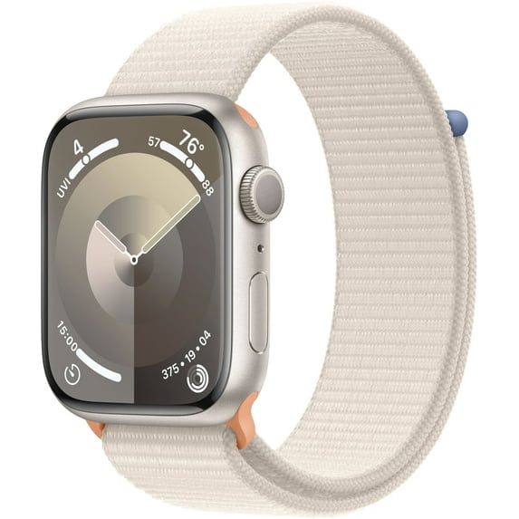 Pre-Owned Apple Watch Series 9 [GPS 45mm] Smartwatch with Starlight Aluminum Case and Starlight Sport Loop. Fitness Tracker, ECG Apps, Always-On Retina Display, Water Resistant