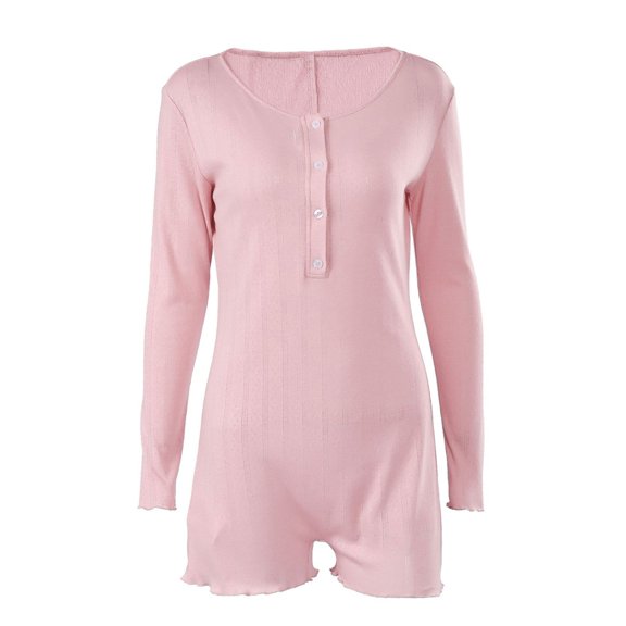 Women Round Neck Half Button Knit Jacquard Long Sleeve Ruffle Trim Romper Pajama Blue S