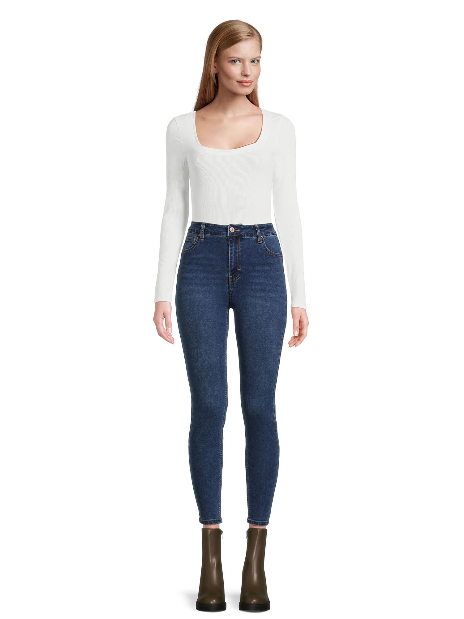 Belle du Jour Juniors Ribbed Square Neck Bodysuit, Sizes XS-XL