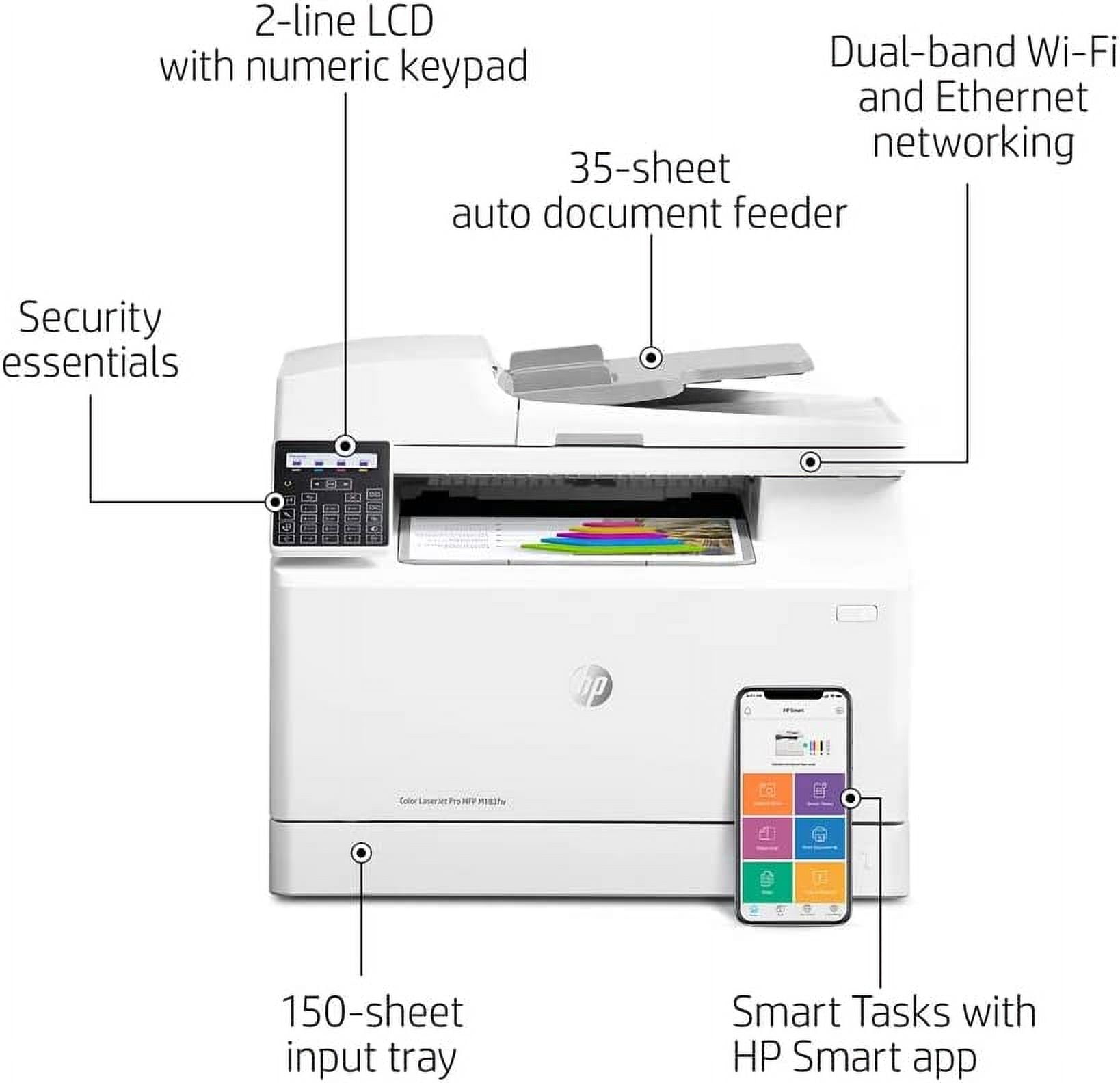 HP Laserjet Pro MFP M183FW All-in-One Wireless Color Laser Printer, Print -  Copy - Scan - Fax, 16ppm, 600x600 dpi, Mobile Printing, 2-line Display,  Auto-On/Off Technology, with DE Printer Cable 