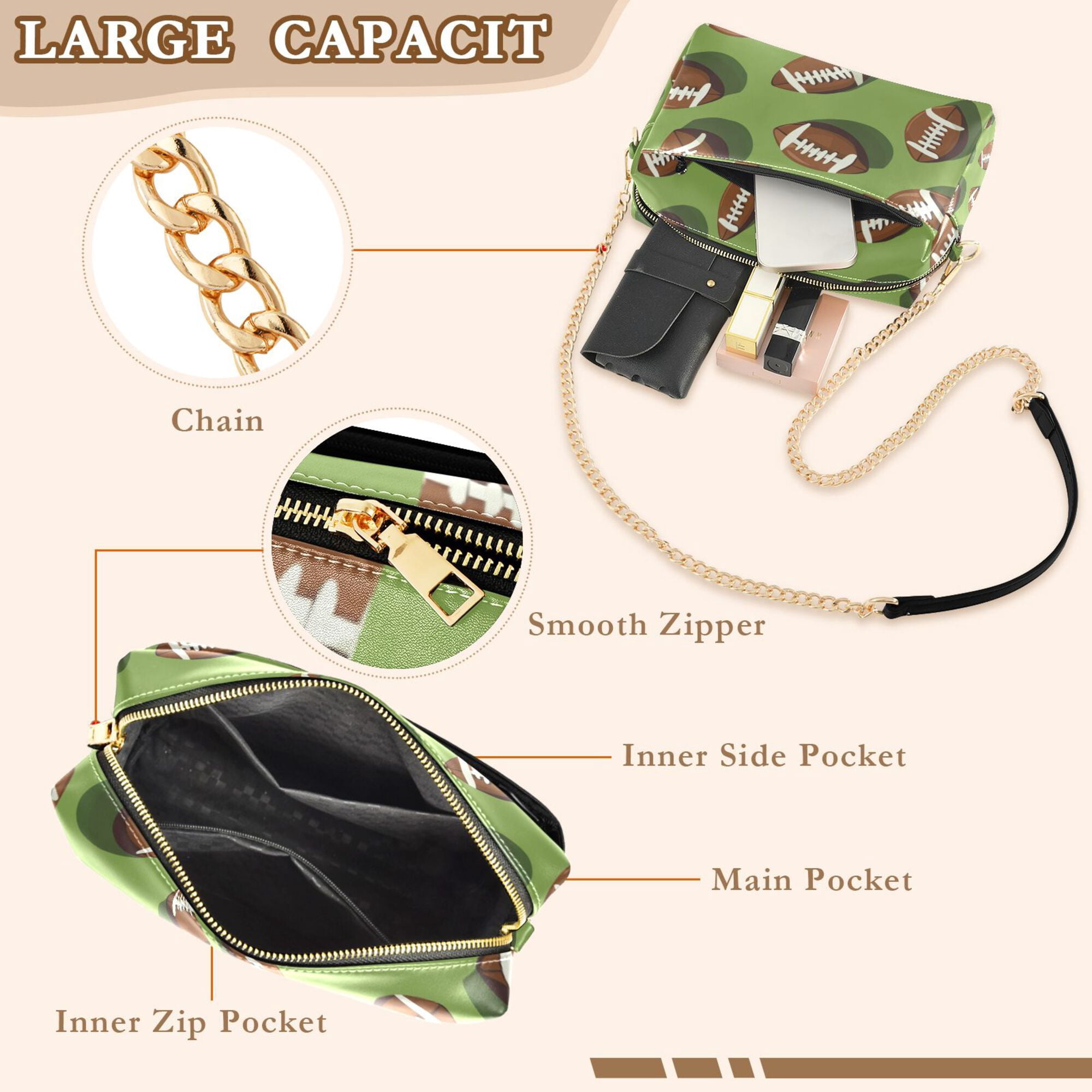 FORMRS Women Crossbody Purse with Chain Strap Vegan Leather Shoulder Handbag, Game Day Footballs