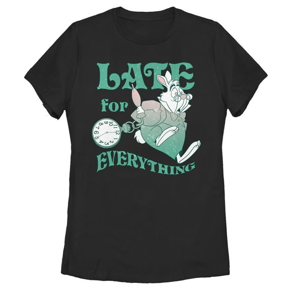 Women's Alice in Wonderland White Rabbit Late for Everything Graphic Tee Black Large
