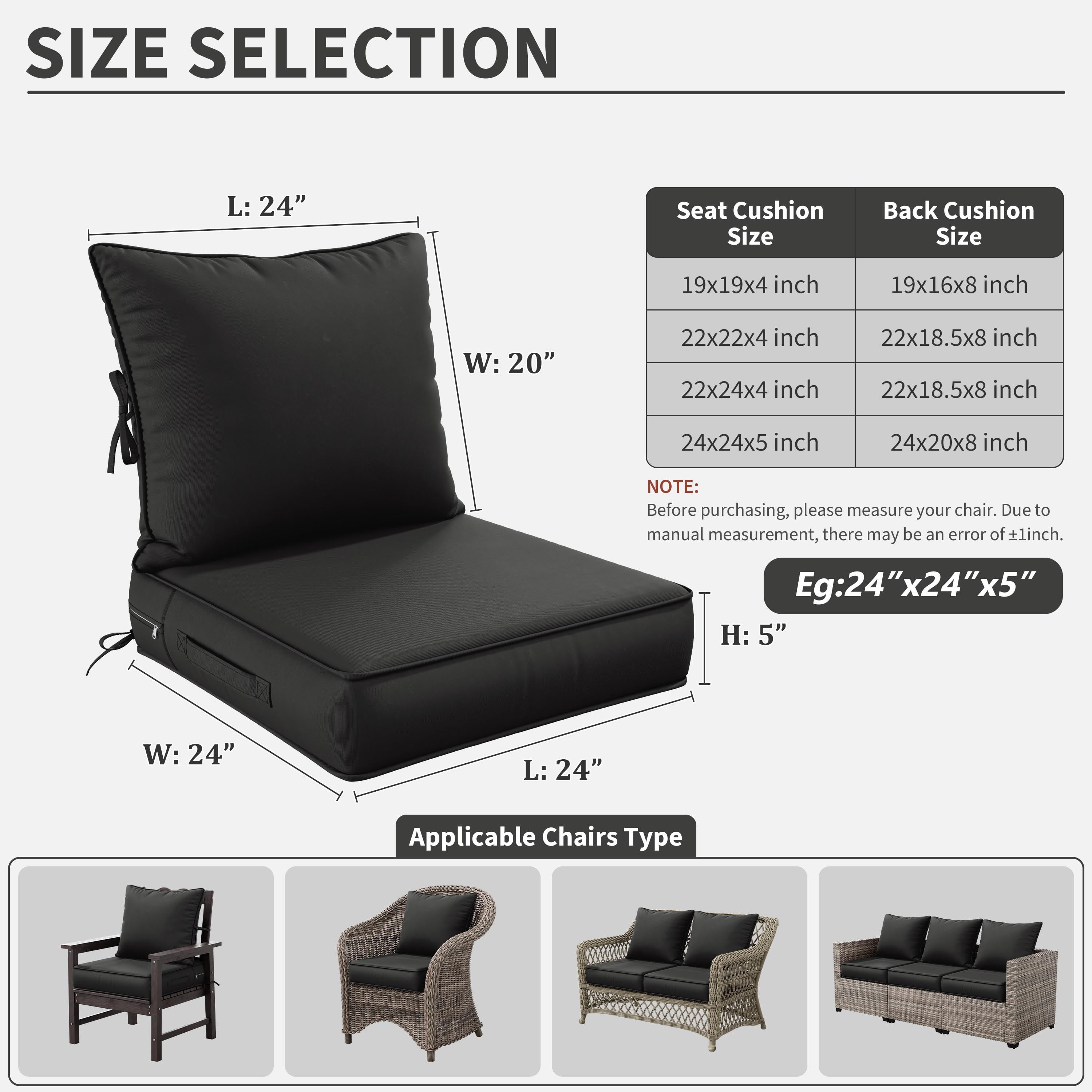 Kimunuk Outdoor Seat Cushion Set, 24" X 24" X 4" Water-Resistant & Fade-Resistant Patio Furniture Replacement Cushions with Handle and Straps for Sofa Chair, Black
