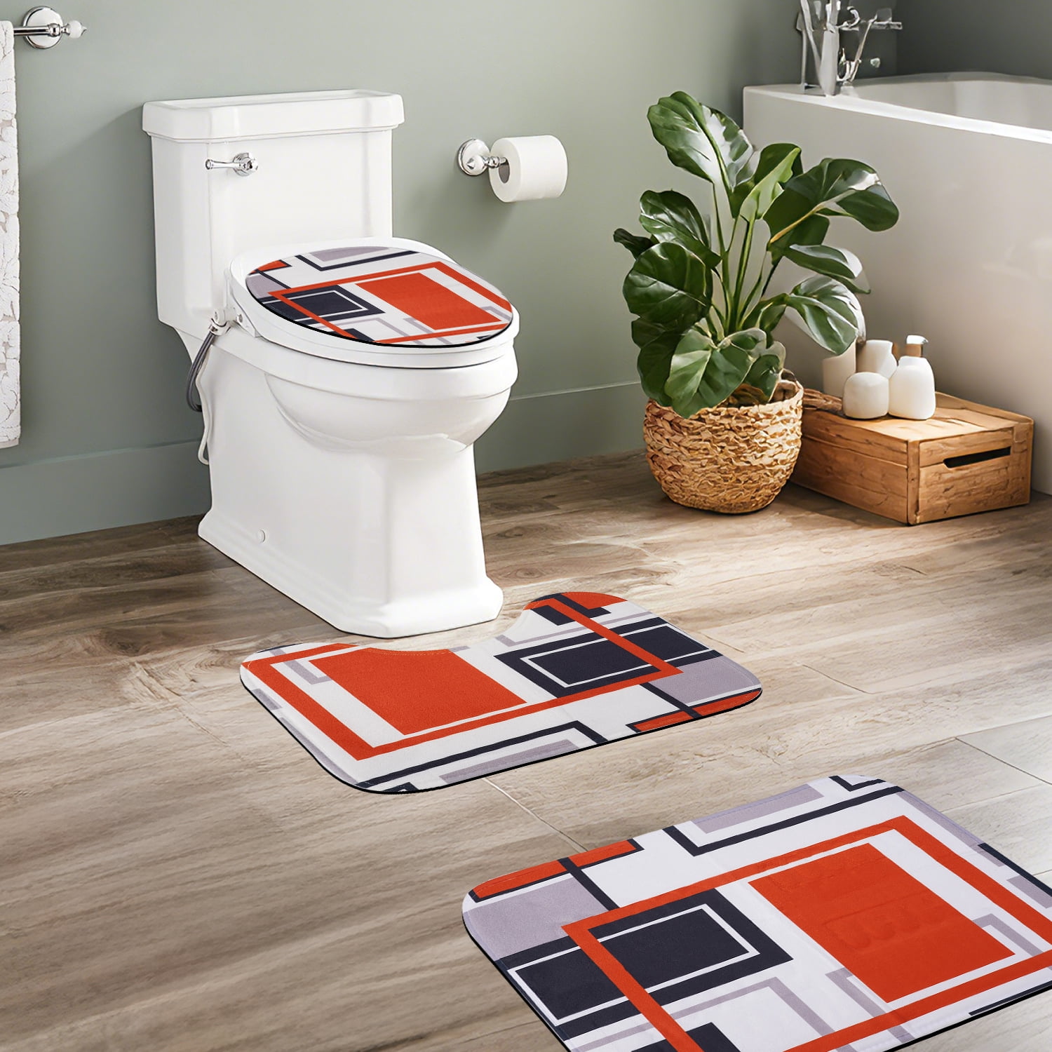 Vorfor Orange Geometric Shower Curtain Sets with Rugs, 16 Pc Modern Abstract Bathroom Sets, Waterproof Fabric Bathroom Curtain Decor with Hooks