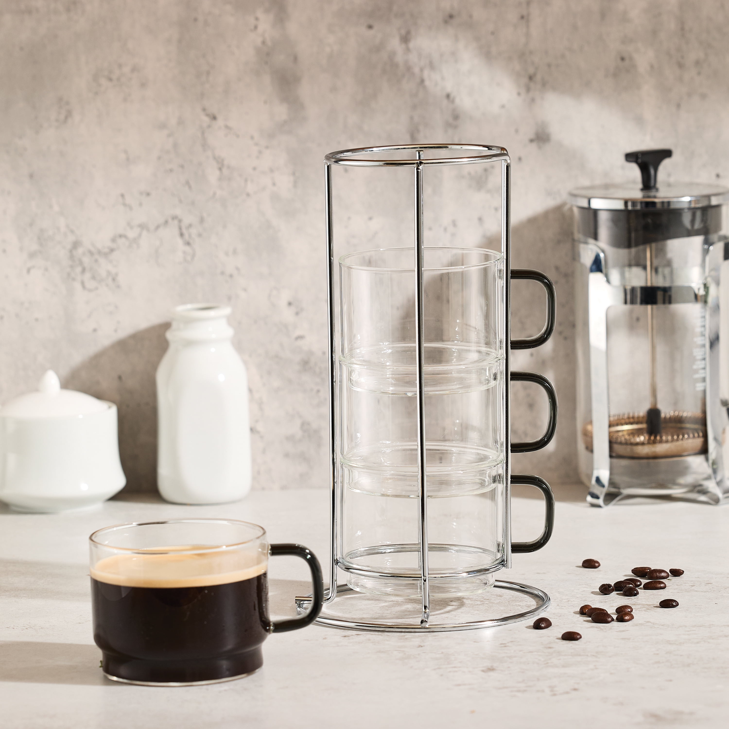 HomeTrends 4 pc stackable Glass mugs with silver metal stand