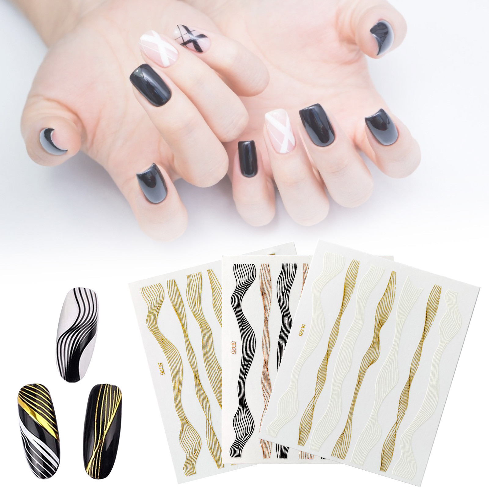 Lovehome Gold Silver Lines 3D Nail Stickers Wave Adhesive Nail 