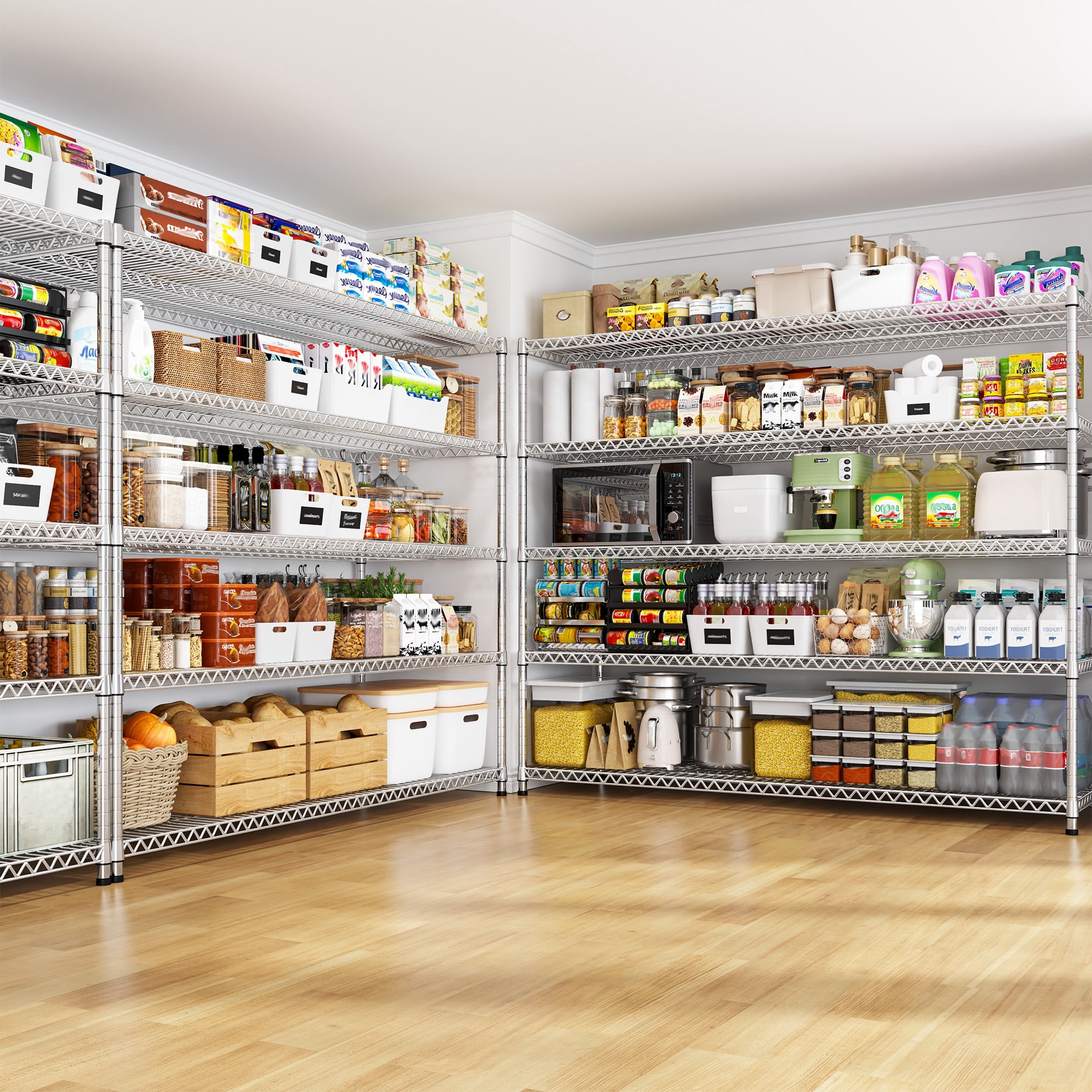 REIBII 55.5"W Wire Shelving 5 Tier Adjustable Metal Storage Shelves for Garage Pantry Kitchen, 18"D x 71"H,3200lbs Capacity,Silver