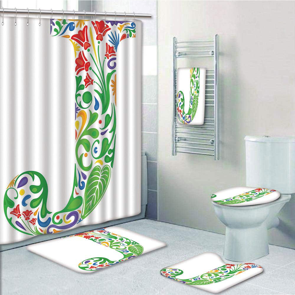 Non-Slip Carpet Set Toilet Cover Mat Natural Leaf Bathroom Shower Curtain 