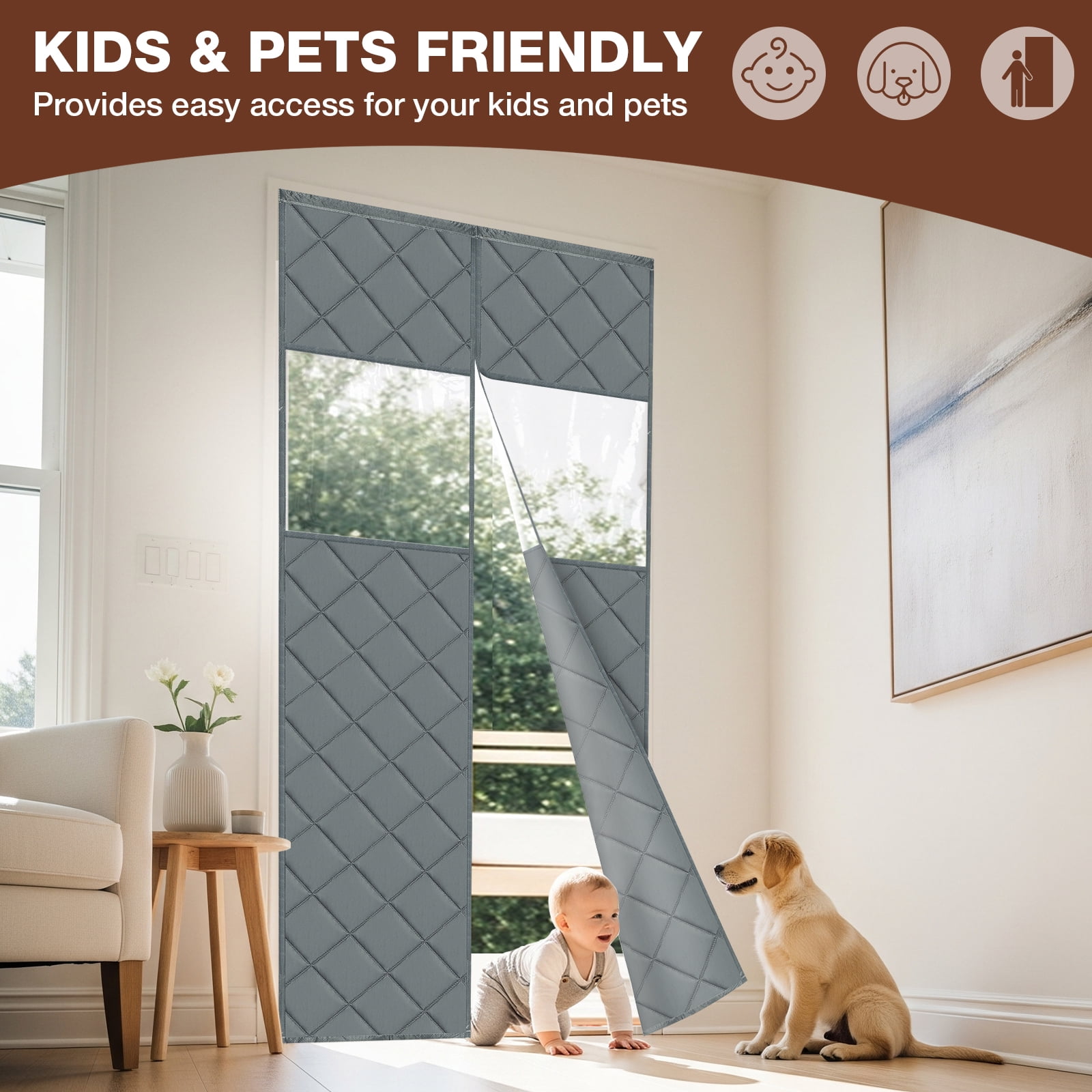Lapalife Magnetic Thermal Insulated Door Curtain with Perspective Window, Fits 35" x 82" Doors Waterproof Windproof Door Screen Insulation Cover to Keep Warm in Winter, Gray