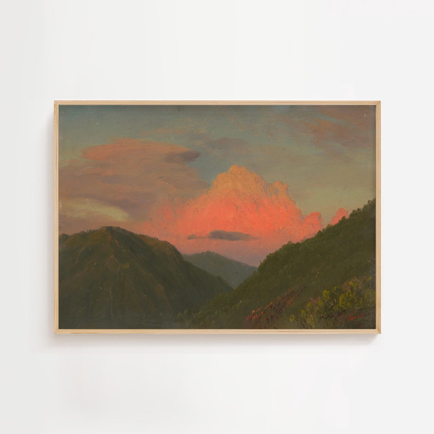 Sunset Over Hilltops Vintage Oil Painting Print Rustic 1800S Painting Orange Sunset Wall Decor Antique Art Cabin Cottage Scenery Wall Art, Modern Style, Poster, Unfreamed 20x30