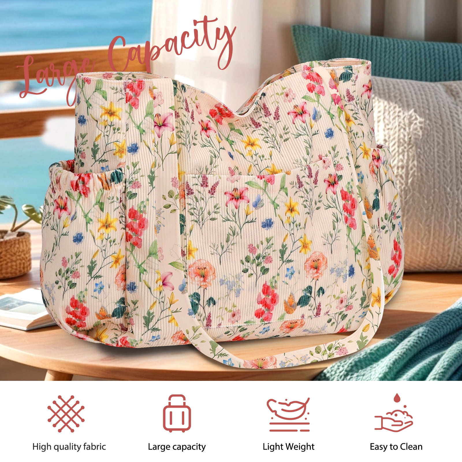 Gocvo Multiple Pockets Corduroy Bag, Large Tote Bag for Women, Ladies Bag Casual Hobo Handbags(Retro Flower)